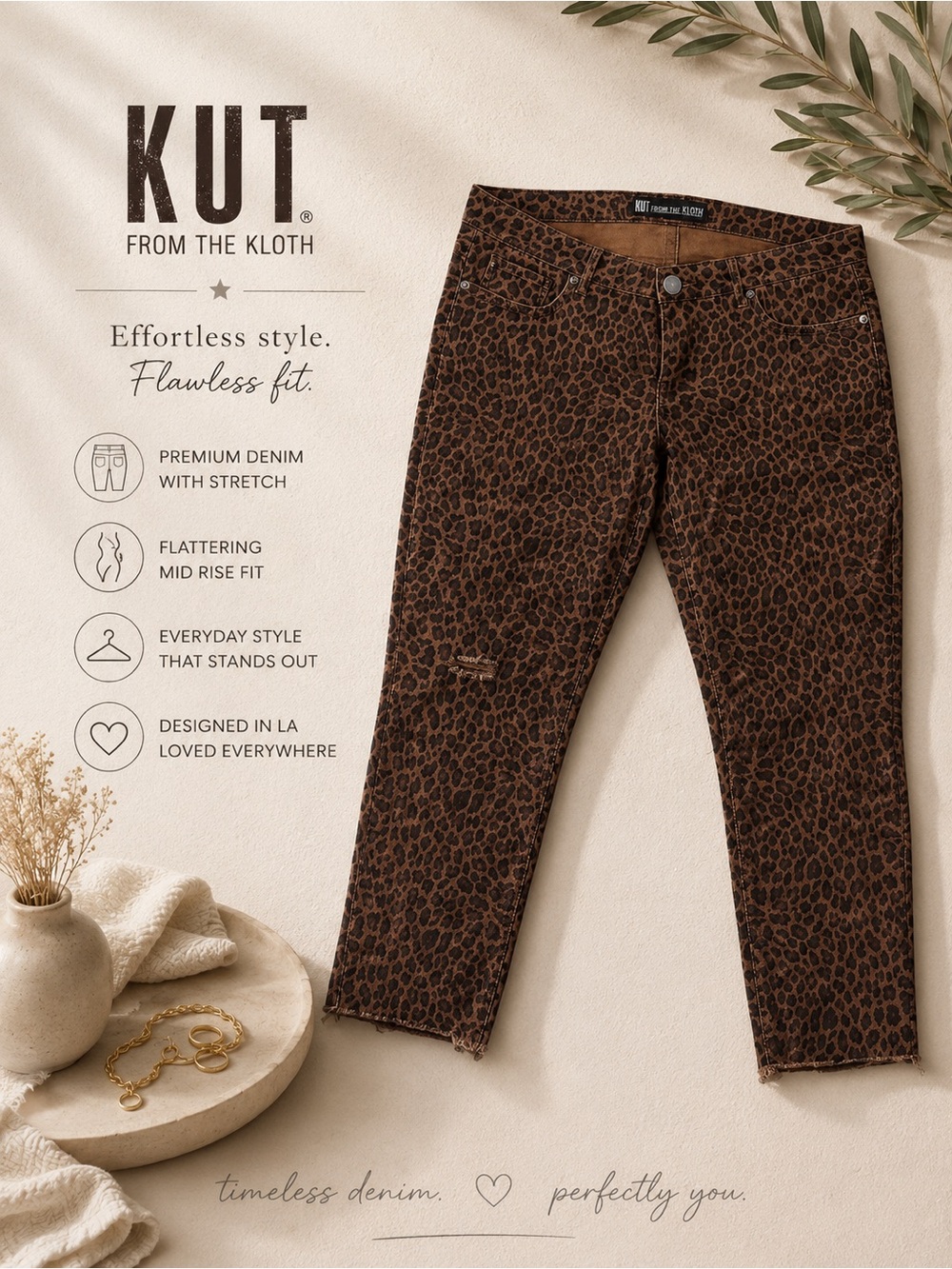 Kut from the Kloth Donna Ankle Skinny Leopard Print Jeans Distressed  Raw Hem 6